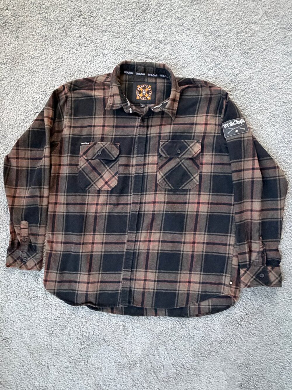 Howitzer Men's 2X Cavalry Flannel Shirt Brown Plaid "We The People" Patch EUC